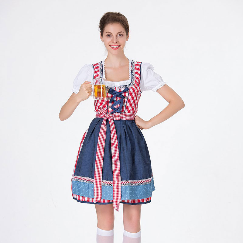 Women's Oktoberfest Red Grid Square Neckline Midi Dress Costume ...